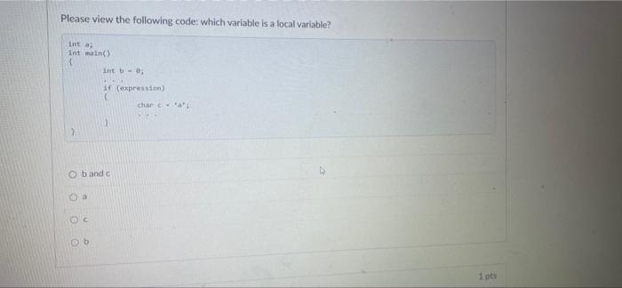 Solved Please view the following code: which variable is a | Chegg.com