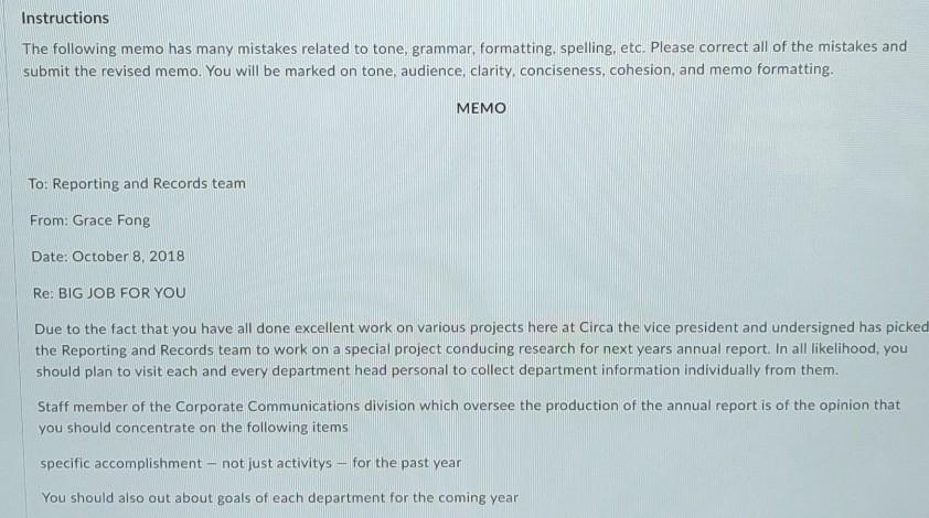 Solved Instructions The following memo has many mistakes | Chegg.com