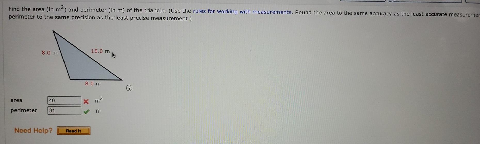 Solved Find the area in m2) and perimeter (in m) of the | Chegg.com