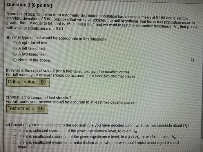 Solved Question 3 [8 points] A sample of size 13 taken from | Chegg.com