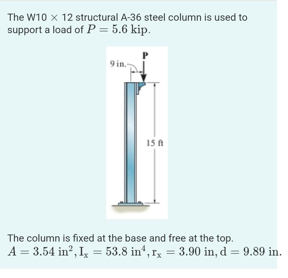 Solved The W10 X 12 structural A-36 steel column is used to | Chegg.com