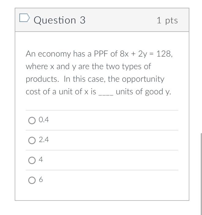 Solved Question 3 1 pts An economy has a PPF of 8x+2y=128, | Chegg.com
