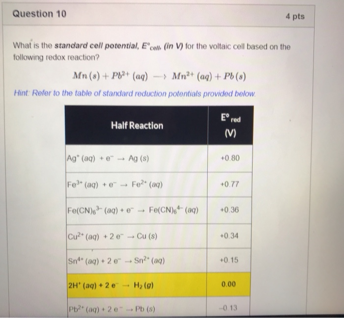 Solved Question 10 4 pts What is the standard cell | Chegg.com