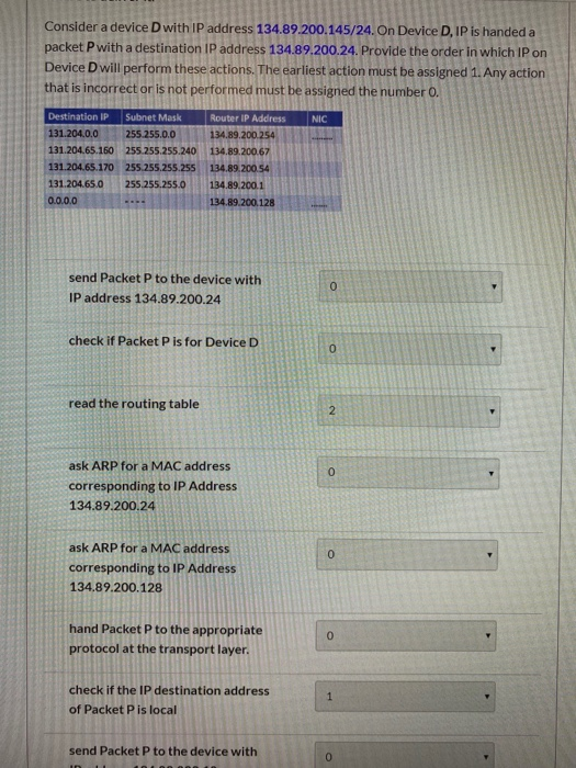 Consider a device D with IP address 134.89.200.145/24. On Device D, IP is handed a packet P with a destination IP address 134