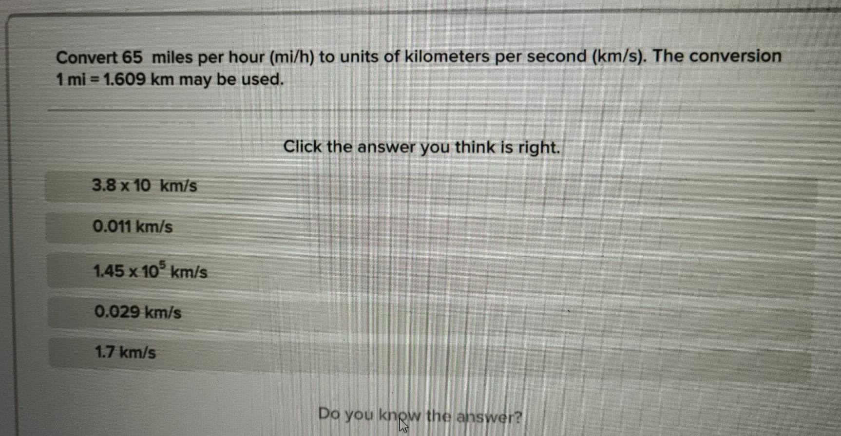 Solved Convert 65 miles per hour mi h to units of Chegg