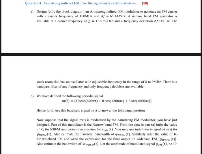 Solved Question 4: Armstrong Indirect FM. Use The Signal | Chegg.com