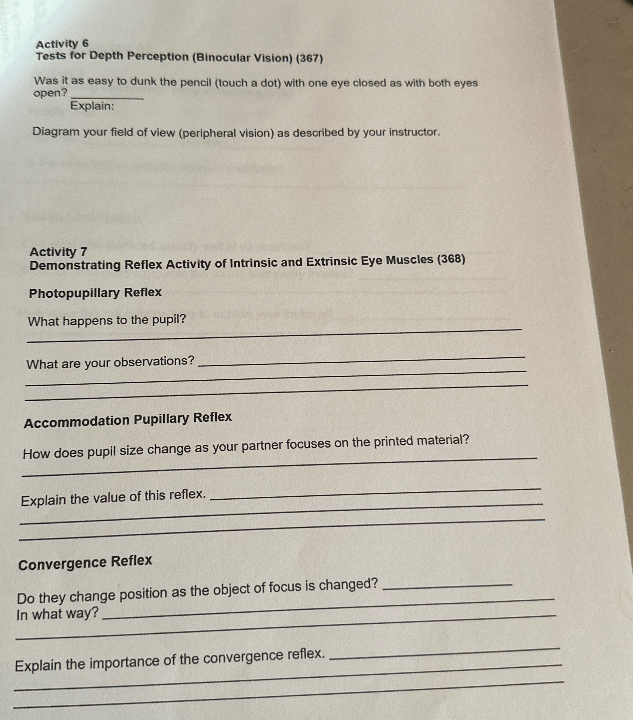 Solved Activity 6Tests for Depth Perception (Binocular | Chegg.com