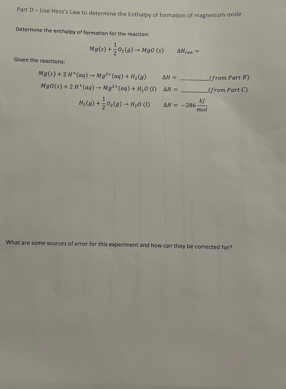 Solved Part D - ﻿use Hess's Law To Determine The Enthalpy Of 