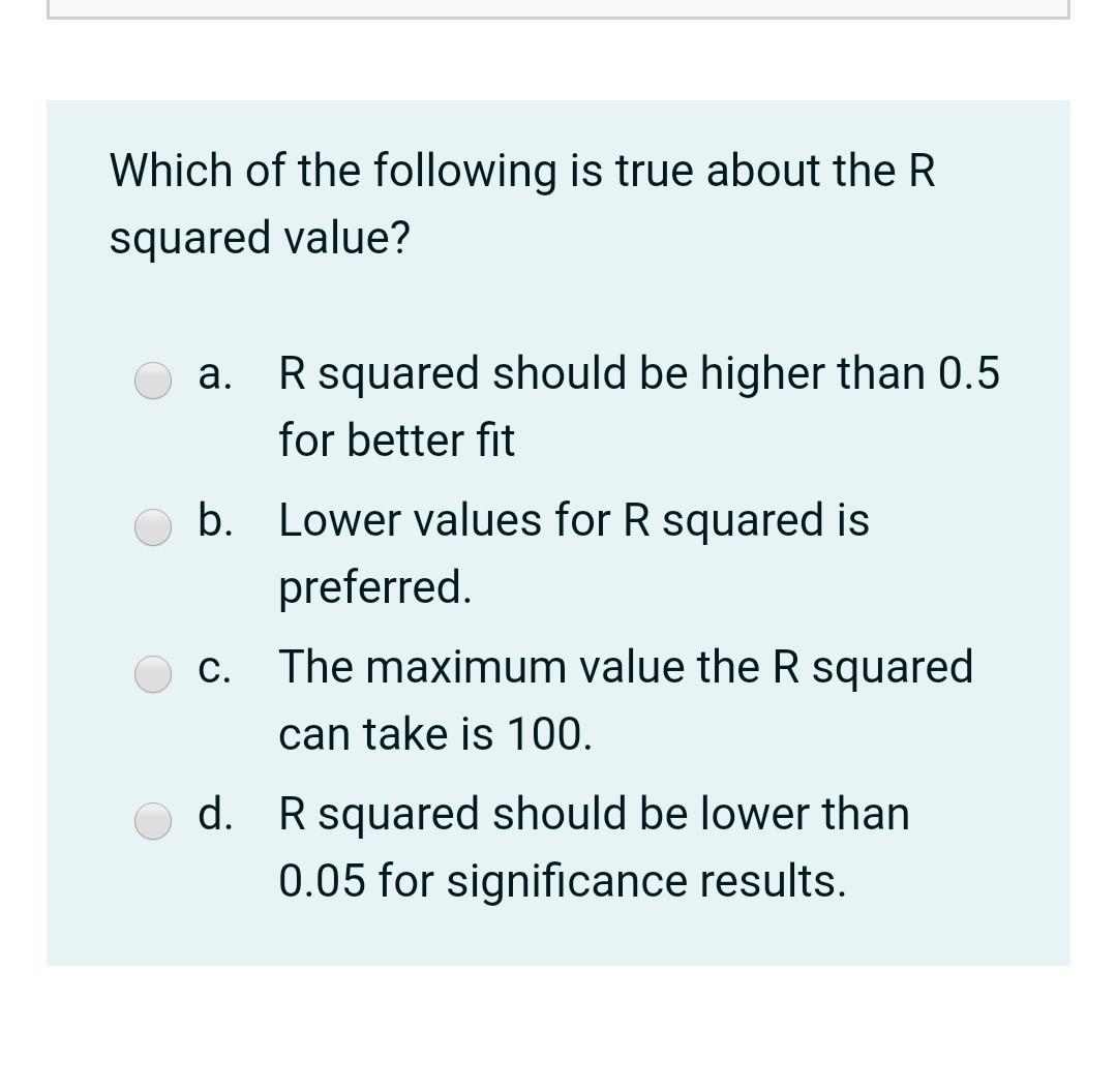 Solved Which of the following is true about the R squared | Chegg.com