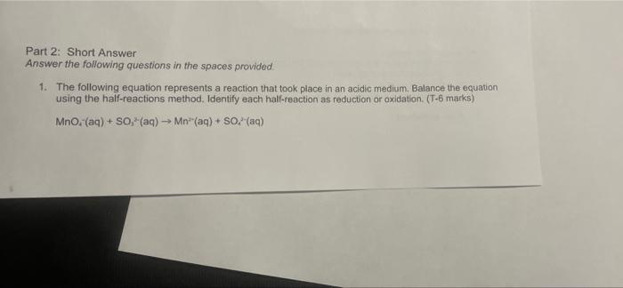 Solved Part 2: Short Answer Answer the following questions | Chegg.com