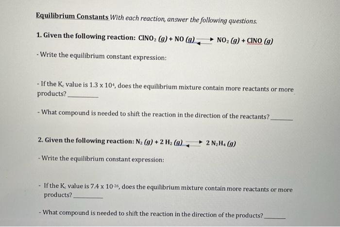 Solved Equilibrium Constants with each reaction, answer the | Chegg.com