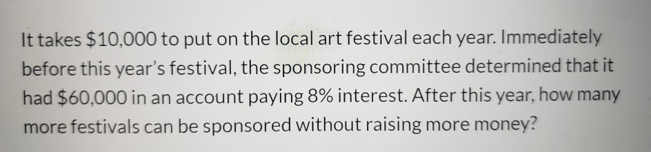 Solved It takes $10,000 to put on the local art festival | Chegg.com