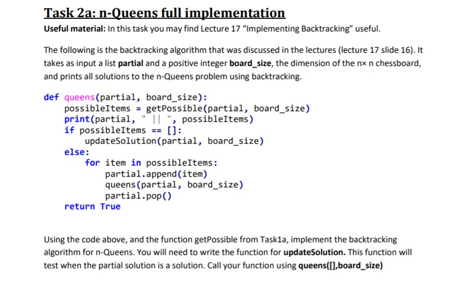 Solved Task 1a: n-Queens partial Useful material: In this | Chegg.com