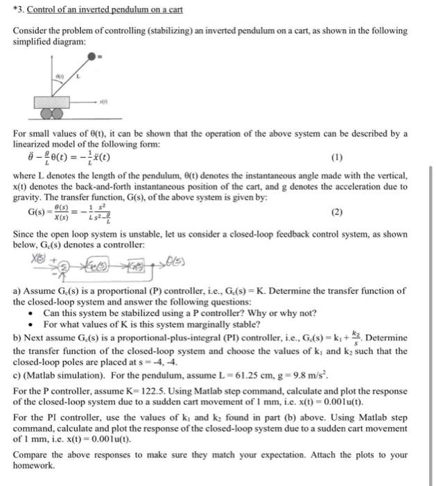 Solved *3. Control of an inverted pendulum on a cart | Chegg.com