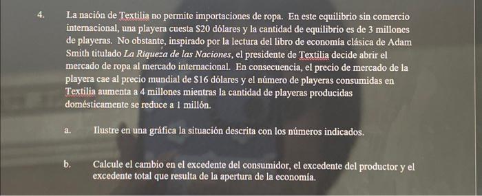 La nación de Textilia no permite importaciones de ropa. En este equilibrio sin comercio internacional, una playera cuesta \(