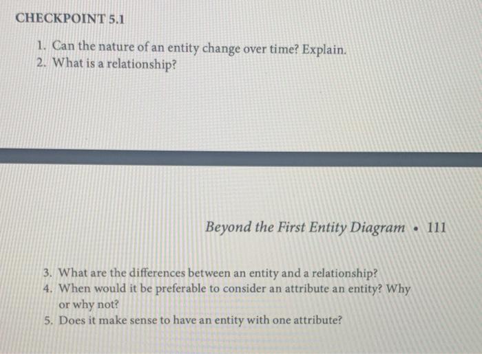 Solved CHECKPOINT 5.1 1. Can the nature of an entity change | Chegg.com