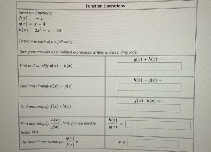 Solved Function Operations Given the functions: f(x) g(x) = | Chegg.com