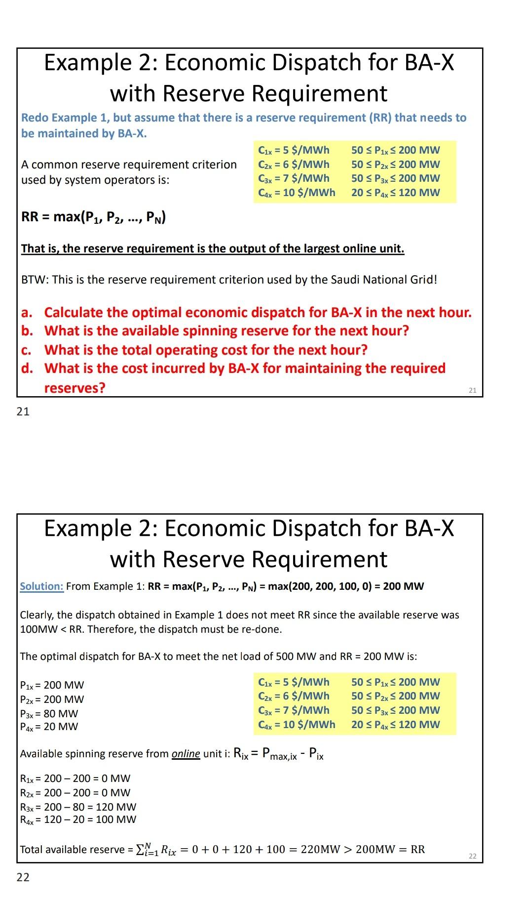 Economic Disptch Example Solved Example 1: Economic Dispatch for BA-X BA−X has four | Chegg.com