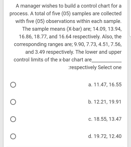 Solved A manager wishes to build a control chart for a | Chegg.com