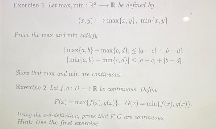 Solved Exercise 1 Let max, min: R2 + R be defined by (sc,y) | Chegg.com