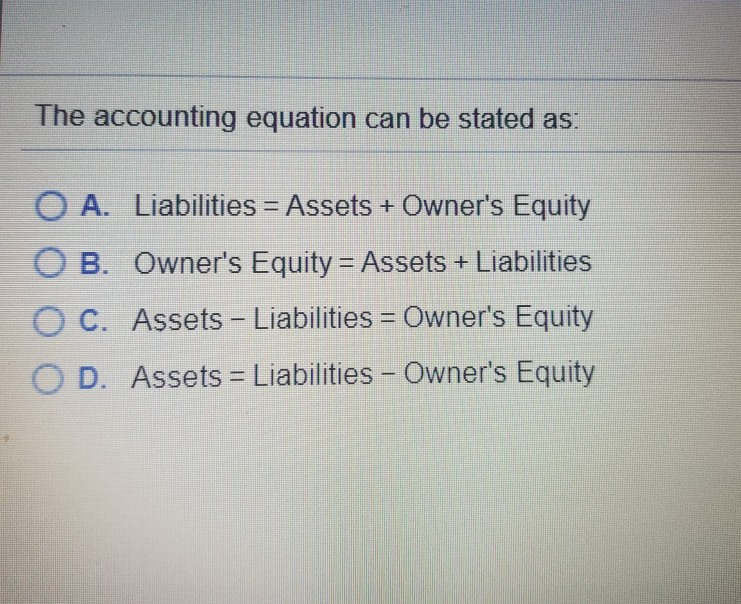 Solved The Accounting Equation Can Be Stated As: O A. | Chegg.com