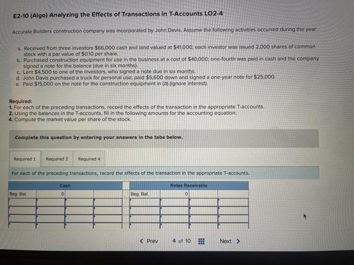 Solved E2-10 (Algo) Analyzing the Effects of Transactions in | Chegg.com