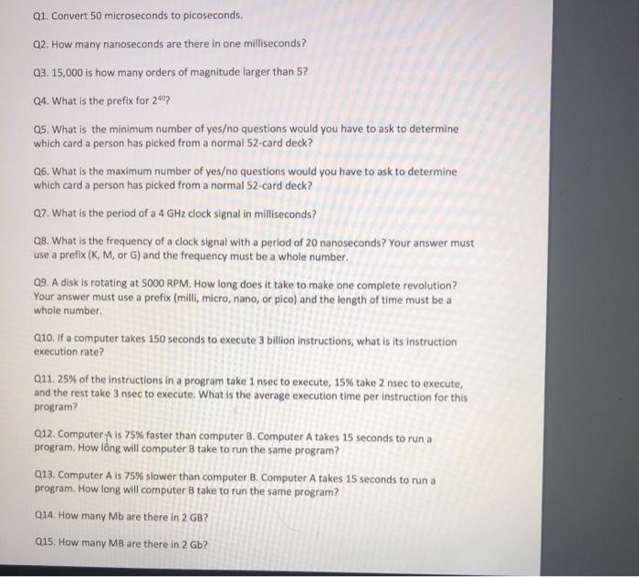 Solved Q1 Convert 50 Microseconds To Picoseconds Q2 Ho Chegg Com