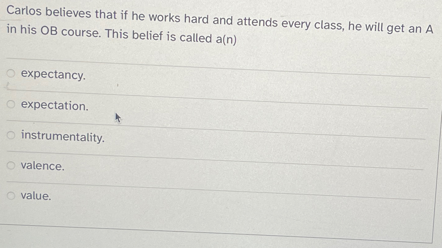 Solved Carlos believes that if he works hard and attends | Chegg.com