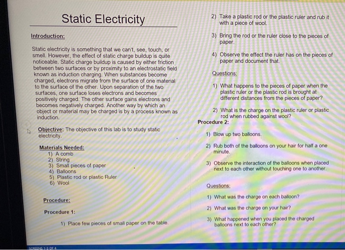 Solved Static Electricity 2) Take a plastic rod or the