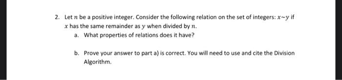 Solved 2. Let n be a positive integer. Consider the | Chegg.com