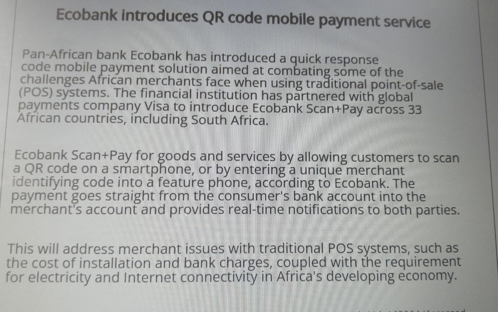 Solved Ecobank introduces QR code mobile payment service