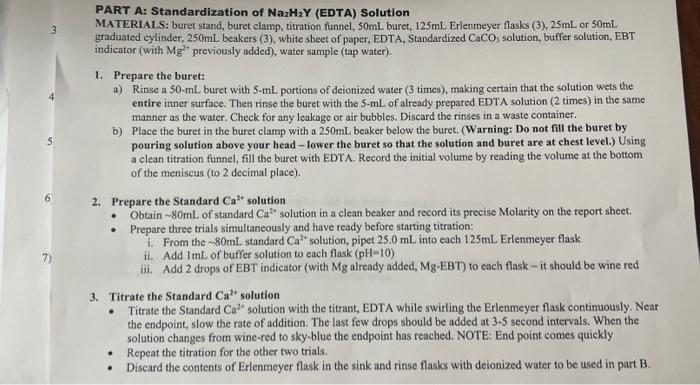 graduated cylinder, \( 250 \mathrm{~mL} \) beakers (3), white sheet of paper, EDTA, Standardized \( \mathrm{CaCO}_{3} \) solu