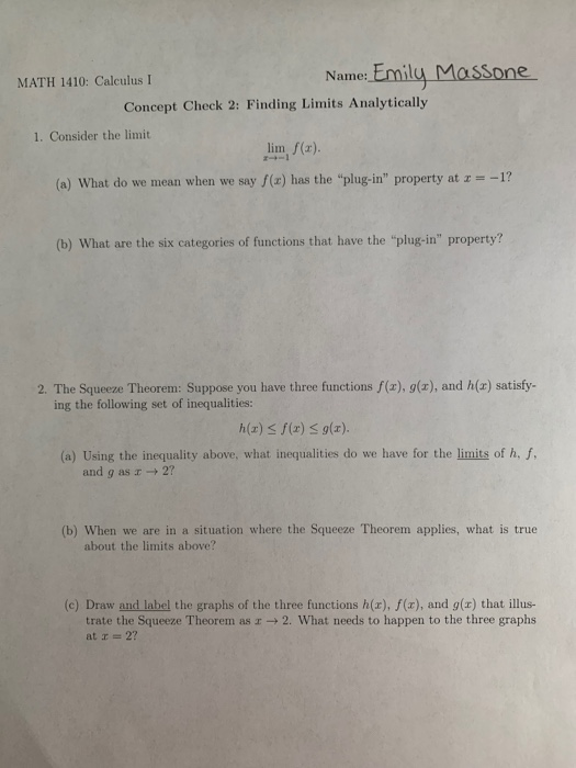 MATH 1410: Calculus I Name: Emily Massone Concept | Chegg.com