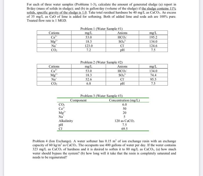 For each of three water samples (Problems 1-3), | Chegg.com