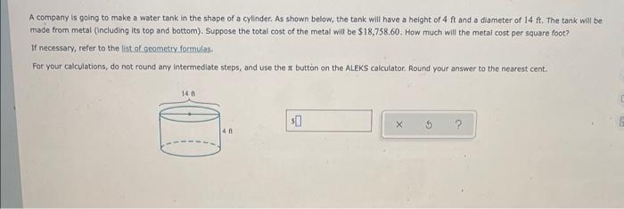 Solved A company is going to make a water tank in the shape | Chegg.com