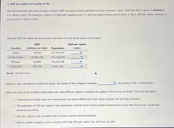 Solved 1. GDP per capita and quality of life The following | Chegg.com