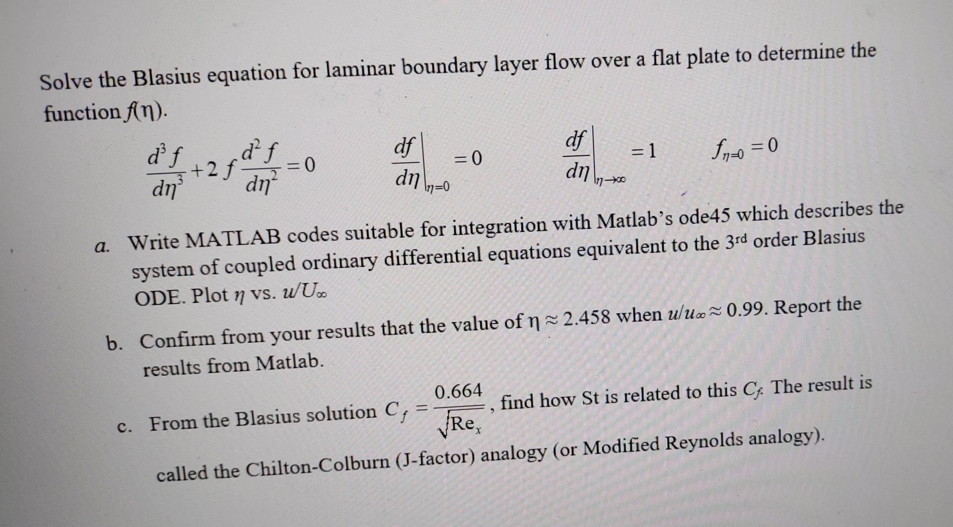 Solve the Blasius equation for laminar boundary layer