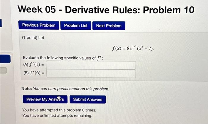 Solved Neek 05 - Derivative Rules: Problem 10 (1 point) Let | Chegg.com