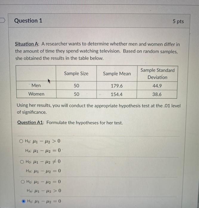Solved Question 1 5 pts Situation A: A researcher wants to | Chegg.com