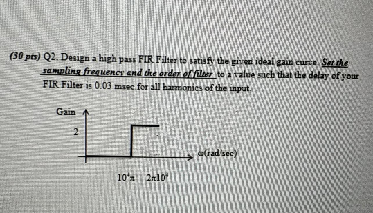 Solved (30 pos) Q2. Design a high pass FIR Filter to satisfy | Chegg.com