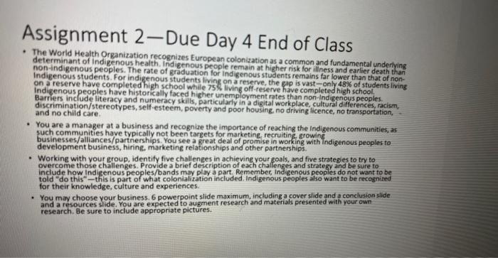 Assignment 2-Due Day 4 End of Class | Chegg.com