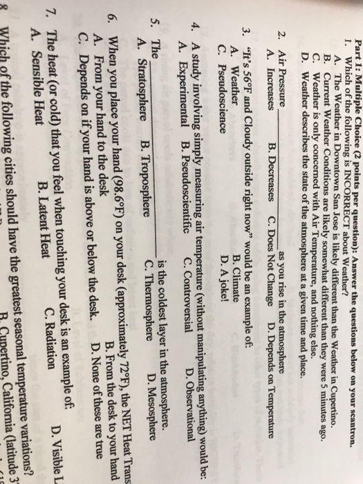 Solved Part 1: Multiple Choice (2 points per question): | Chegg.com