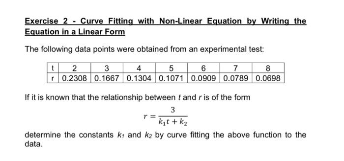 Solved Exercise 2 - Curve Fitting with Non-Linear Equation | Chegg.com