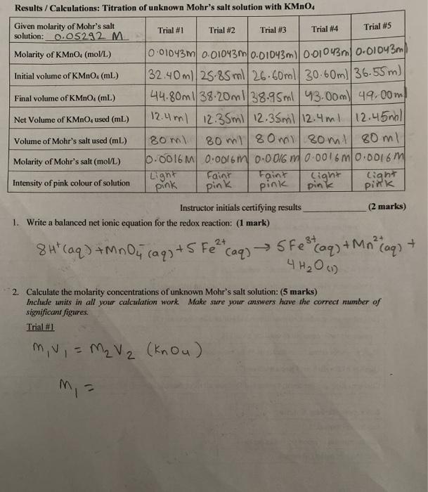 Solved Results / Calculations Titration of unknown Mohr's