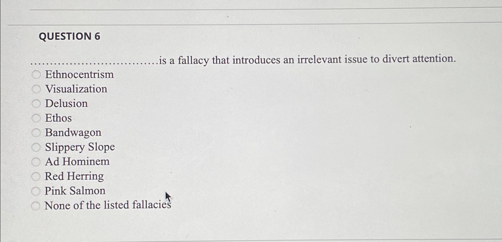 Solved QUESTION 6 ﻿is a fallacy that introduces an | Chegg.com