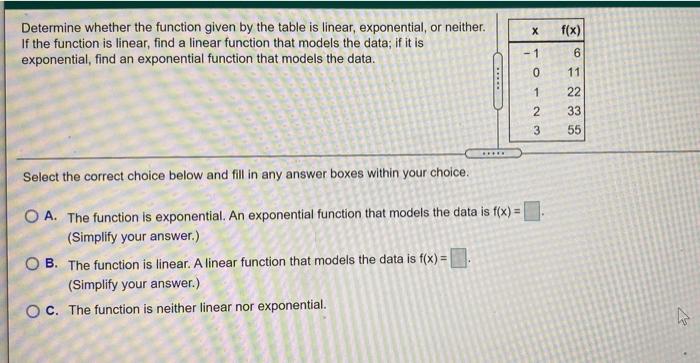 Solved х Determine whether the function given by the table | Chegg.com