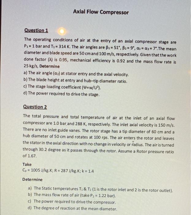 Solved Axial Flow Compressor Question 1 The operating | Chegg.com