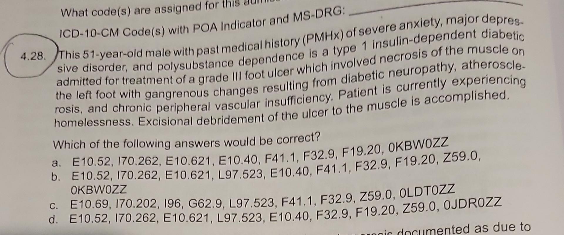 Solved ICD-10-CM Code(s) with POA Indicator and MS-DRG 28. | Chegg.com