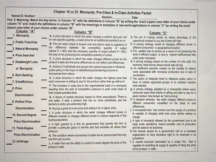 Solved Chapter 10 or 23 Monopoly: Pre-Class & In-Class