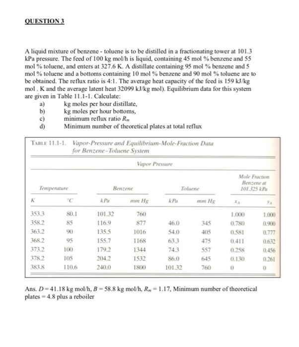 Solved QUESTION 3 A liquid mixture of benzene toluene is